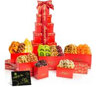 Nut Cravings Gourmet Collection - Halloween Dried Fruit & Mixed Nuts Gift Basket Red Tower + Heart Ribbon (12 Assortments) Food Bouquet Platter, Birthday Care Package Tray, Healthy Kosher Snack Box