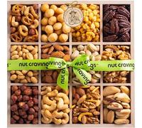 NUT CRAVINGS - Mixed Nuts Gift Basket in Reusable Wooden Tray + Green Ribbon (12 Assortments) Food Arrangement, Healthy Snack Care Package, Food Assortments