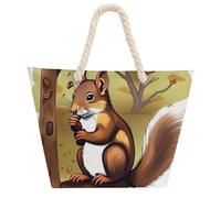 Nut-eating Squirrel Large Tote Bag for Women, Waterproof Durable Beach Bag with Hemp Rope Handle, Multifunctional Hemp Rope Shopping Bag for Beach Park Travel Work Daily Use