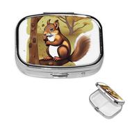 Nut-Eating Squirrel Pill Box 2 Compartment Medicine Pill Organizer Square Pill Case for Purse & Pocket Travel Pillbox Portable Metal Medicine Vitamin Fish Oil Organizer Unique Gift