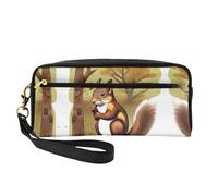 Nut-Eating Squirrel Print Leather Small Makeup Bag - Travel Toiletry Bag for Women, Reusable Cosmetic Pouch with Zipper