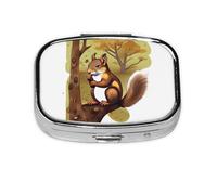 Nut-Eating Squirrel Square Pill Box Lightweight and Portable, with 2 Plastic Inserts, Suitable for Carrying in Pockets or Wallets.