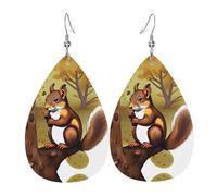 Nut-eating squirrel Women's Teardrop Leather Earrings, Hook 925 Silver Plated, Holiday Accessories