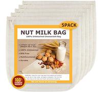 Nut Milk Bags, All Natural Cheesecloth Bags, 12"x12", 5 Pack, 100% Unbleached Cotton Cloth Bags for Tea/Yogurt/Juice/Wine/Soup/Herbs, Durable Washable Reusable Almond Milk Strainer(Weave 66x70)