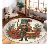 Nutcracker Area Rug, Christmas Festive Drum Poinsettia Christmas Red Non-Slip Backing Edge Binding Home Circle Carpet Rugs for Living Room Bedroom Dining Desk Office Decor 5' X 5'