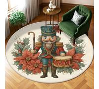 Nutcracker Area Rug, Christmas Festive Drum Poinsettia Christmas Red Non-Slip Backing Soft Round Carpet Stain Resistant Rugs for Living Room Bedroom Hallway Office Decor 6' X 6'