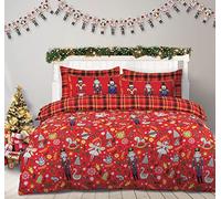 Nutcracker Christmas Red Festive Duvet Cover Quilt Bedding Set Tartan Check Fully Reversible 2 Designs in 1 Button Enlosure Cotton Rich with Pillowcase(s) (King)