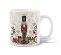 Nutcracker Christmas Theme Ceramic Coffee Mug 11oz | Festive Illustration, Drinking Cup, Gold Snowflake Accents, Holiday Gift Boxes, Candy Cane Decorations, Winter Home Decor