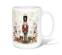 Nutcracker Christmas Theme Ceramic Coffee Mug 15oz | Festive Illustration, Drinking Cup, Gold Snowflake Accents, Holiday Gift Boxes, Candy Cane Decorations, Winter Home Decor
