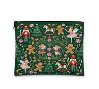Nutcracker Holiday Theme Christmas Makeup Bag 7x9 Inch | Gingerbread Biscuit , Makeup Zipper Pouch, Dancing Fairy, Rocking Horse, Festive Pine Trees, Winter Holiday Spirit