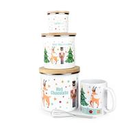 Nutcracker Hot Chocolate Gift Set - Reindeers & Christmas Trees Xmas Gift - Enamel Storage Canisters, Mug & Mini Whisk 5pc Present