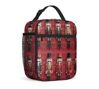 Nutcracker Insulated Lunch Bag, Christmas Festive Soldier Plaid Christmas Red Leakproof Reusable Lunch Bag with Pockets for Work Travel Commuting 1pcs
