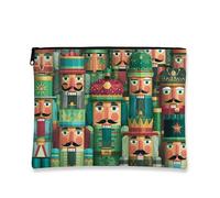 Nutcracker Makeup Bag, Colorful Wooden Soldiers Cosmetic Travel Pouch for Women, Portable Small Canvas Zipper Organizer, Holiday Skincare Toiletry Bag, Green, 7x9 Inch
