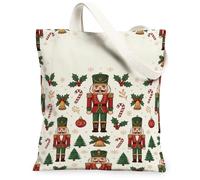 Nutcracker Soldier Holiday Pattern Christmas Canvas Tote Bag 13x15 Inch | Nutcracker Soldier Motif, Holly Leaf Accents, Candy Cane Print, Traditional Winter Theme, Cream Linen-like Fabric