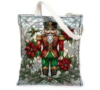 Nutcracker Stained Glass Holiday Theme Christmas Canvas Tote Bag 13x15 Inch | Stained Glass Art Style, Poinsettia And Holly Accents, Winter Snowflake Motifs, Traditional Soldier Design