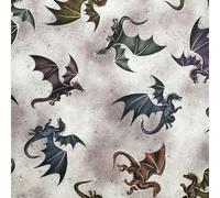 Nutex Fabric - Fire & Fury Dragon Print Grey - Quilting Dressmaking Craft Fabric Material Metre