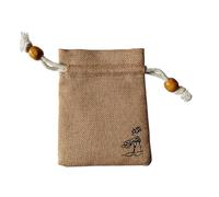 NUTFORD Zen Style Drawstring Burlop Pouch with Real Wood Beads Lotus Print Powder-Leak-proof Lining Suitable for Containing Jewellrey, Dried Herbs etc. (Small-Beige)