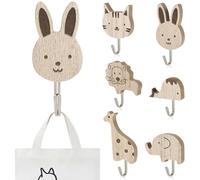 NUTKIT 6PCS Wooden Animal Wall Hooks, Cute Animal Adhesive Coat Hook