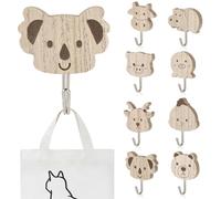 NUTKIT 8PCS Wooden Animal Wall Hooks, Different Shape Cute Animal Adhesive Coat Hook, Children's Coat Hanger Wood Hooks Self-Adhesive for Kids Room Baby Bedroom Bathroom Decor