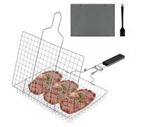 NUTKIT Barbecue Grilling Basket, Stainless Steel fish Grill-basket, Portable BBQ Grill Basket Mesh, grill baskets with Basting Brush& Storage Bag for Outdoor-grill Fish Vegetables Shrimp (33.5× 22cm)