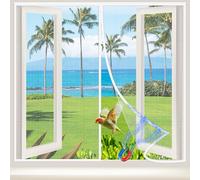 NUTKIT Magnetic Fly Screen Window, 110 x 110cm Magnetic Polyester Mesh, Window Fly Screen Close Automatically, No Drilling Silent Window-Netting for Insects Mosquito Bugs (White Frame White Net)