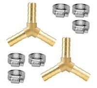 Nutmanel 2 Pack Y-Shaped 3 Ways Brass Hose Barb, 8mm 3 Way Brass Hose Connector with 6 Hose Clamps, for Hose Connections, Compressed Air, Oil, Gas Pipe