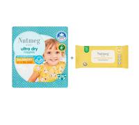 Nutmeg Size 6+ Ultra Dry Nappies 26 Pack + 60 Fragrance Free Baby Wipes