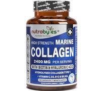 Nutrabytes High Strength Marine Collagen 2,400mg | Hydrolysed | Hyaluronic Acid 100mg, Biotin, Vitamin C, D3, B12 & Silica | Skin, Hair, Nails & Joints | 120 Capsules | for Women & Men