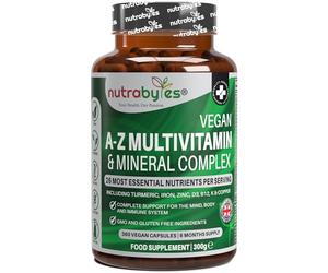 Nutrabytes Vegan A-Z Multivitamin & Mineral Complex, 360 Capsules | 26 Essential Vitamins & Minerals Plant Based Supplement with Turmeric, Iron, Folic Acid and Zinc | 6 Months | UK Made