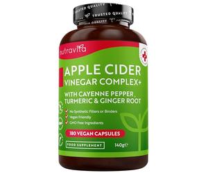 Nutravita Apple Cider Vinegar Capsules with Cayenne Pepper, Turmeric and Ginger Root - 180 Vegan Capsules Made from UK Grown Apples - Raw Unfiltered ACV - 1033mg Daily Dosage - Made in The UK