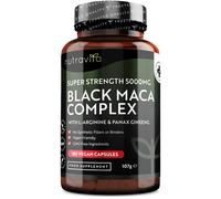 Maca Root Capsules 5000mg (High Strength) - 180 Vegan Black (6 Month Supply) Not Tablets 100% Peruvian with L-Arginine, Panax Ginseng & Pepper Made in UK by Nutravita