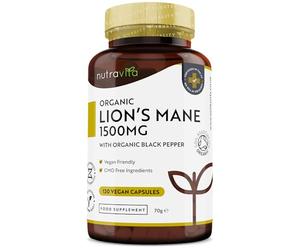 Nutravita Organic Lions Mane Mushroom 1500mg - 120 High Strength Vegan Capsules (Not Powder) - Lions Mane Supplement with Organic Black Pepper - Made in The UK