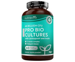 Nutravita Pro Bio Cultures 60 Bill CFU - 60 Vegan Capsules - 21 Strain Pro Bio Cultures Complex: Lactospore®, Lactobacillus Reuteri & Acidophilus - Bio Cultures for Women & Men - UK Made