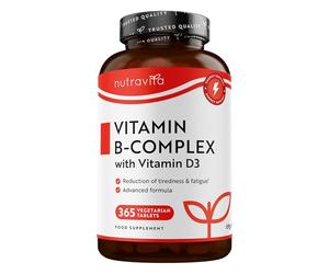Nutravita Vitamin B Complex High Potency - 1 Full Year Supply - 8 Vitamins B1-B2-B3-B5-B6-B12, Biotin, Folic Acid & VIT D3 in 1 High Strength Micro Tablet - Reduction of Tiredness - Made in The UK
