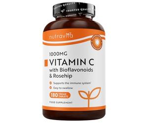 Nutravita Vitamin C 1000mg Tablets - 180 Vegan 1000mg Vitamin C Tablets not Capsules or Powder - 6 Months - High Strength Ascorbic Acid - Bioflavonoids & Rosehip - Immune Support - Made in UK