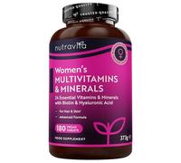 Women's Multivitamins and Minerals - 24 Essential Active Vitamins and Minerals with Added Hyaluronic Acid - 180 Vegan Tablets - No Synthetic Fillers or Binders - Made in The UK by Nutravita