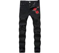 Nutriangee Mens Floral Jeans, Ripped Skinny Distressed Destroyed Slim Fit Stretch Rose Embroidered Pants - Black - 28W