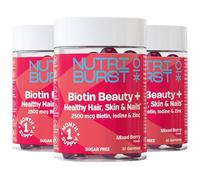 Nutriburst Biotin Beauty - Healthy Hair, Skin & Nails - 2500mcg Biotin with Zinc, Iodine, Vitamins A, C, D3 & E - Mixed Berry Flavour • Vegan & Sugar Free • 90 Gummies (3 Month Supply)