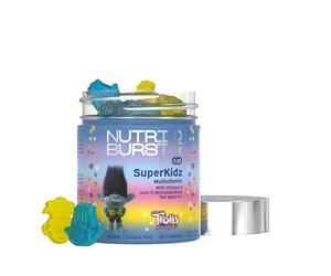 Nutriburst TROLLS SuperKidz - Chewable Multivitamin for Health, Growth & Development - 13 Essential Nutrients: Vitamin A, B12 C, D3, E, Iron, Omega-3 - Vegan + Sugar Free - Orange Flavour - 60 Gummies
