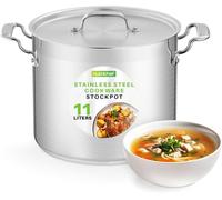 NutriChef 10 litres Stainless Steel Stockpot with Stainless Steel Lid - 18/8 Heavy Duty Large Stock Pot for Stew & Soup, Works w/Induction hub