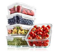 Nutrichef 10-Piece Glass Food Storage Containers - Stackable Superior Glass Meal-prep Containers -Newly Innovated Hinged BPA-Free 100% Leakproof Locking Lids w/Air Hole - Freezer-to-Oven-Safe
