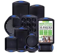 Nutrichef 10 Piece Nonstick Bakeware Set - Baking Tray Set w/Non-Stick Gray Silicone Coating - 450°F Oven Safe, Round Cake, Loaf, Muffin, Wide/Square Pans, Cookie Sheet