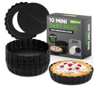 Nutrichef 10-Piece Nonstick Mini Tart Baking Pans with Non-Stick Coating & Removable Base - Includes 200pcs Parchment Paper, Carbon Steel, Oven & Dishwasher Safe, 3.94”x3.94”x0.94” Inch (Black)