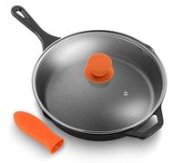 NutriChef 10" Pre-Seasoned Cast Iron PFOA-Free Oven Safe Kitchen Nonstick Cookware Frying Pan Skillet w/Glass Lid, Drip Spout, Silicone Handle-Gas/Electric/Ceramic/Induction Cooktop NCCI10