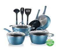 NutriChef 11 Piece Nonstick Cookware Set, Excilon Blue Diamond Ceramic, Dishwasher Safe, KitchenWare Pots and Pans Set with Saucepan, Frying Pans, Cooking and Dutch Oven, Lids