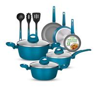 Nutrichef 12-Piece Nonstick Kitchen Cookware Set - PTFE/PFOA/PFOS-Free Heat Resistant Lacquer Kitchen Ware Pots Pan Set Light Gray/Green - Saucepot, Pans, Cooking Pot Oven Pot, Lid, Utensil NCCW12GR