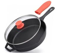 NutriChef 12" Pre-Seasoned Cast Iron Pan - Oven Safe Kitchen Nonstick Cookware Frying Pan Skillet w/Glass Lid, Drip Spout, Silicone Handle - Gas/Electric/Ceramic/Induction Cooktop