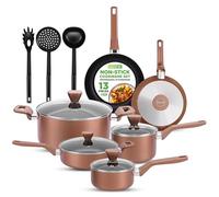 NutriChef 13-Piece Nonstick Kitchen Cookware Set - PTFE/PFOA/PFOS-Free Heat Resistant Kitchen Ware Pots Pan Set w/Saucepan, Frying Pans, Cooking Pots, Casserole, Lids, Ladle, Fork, Strainer, Brown