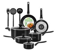 NutriChef 13-Piece Pot and Pan Set Non-Stick, Kitchen Cookware Set, w/Saucepan, Frying Pans, Cooking Pots, Casserole, Lids, Ladle, Fork, Strainer, Heat Resistant, PFOA Free, Black