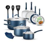 NutriChef, Stackable Pots and Pans Set - Ceramic Non Stick Pan Set, Induction Hob Cookware Set, Premium Cooking Set w/Lids, Heat Resistant, 14 Pcs, Blue